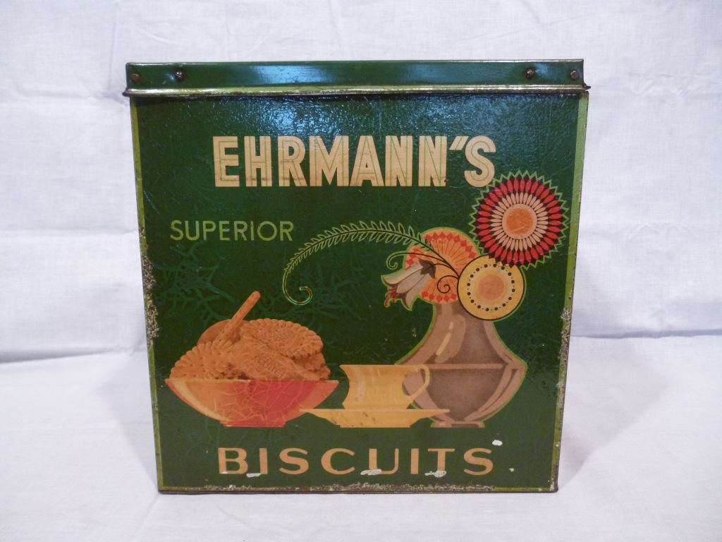 Antik EHRMANN BISCUITS reklám pléh doboz