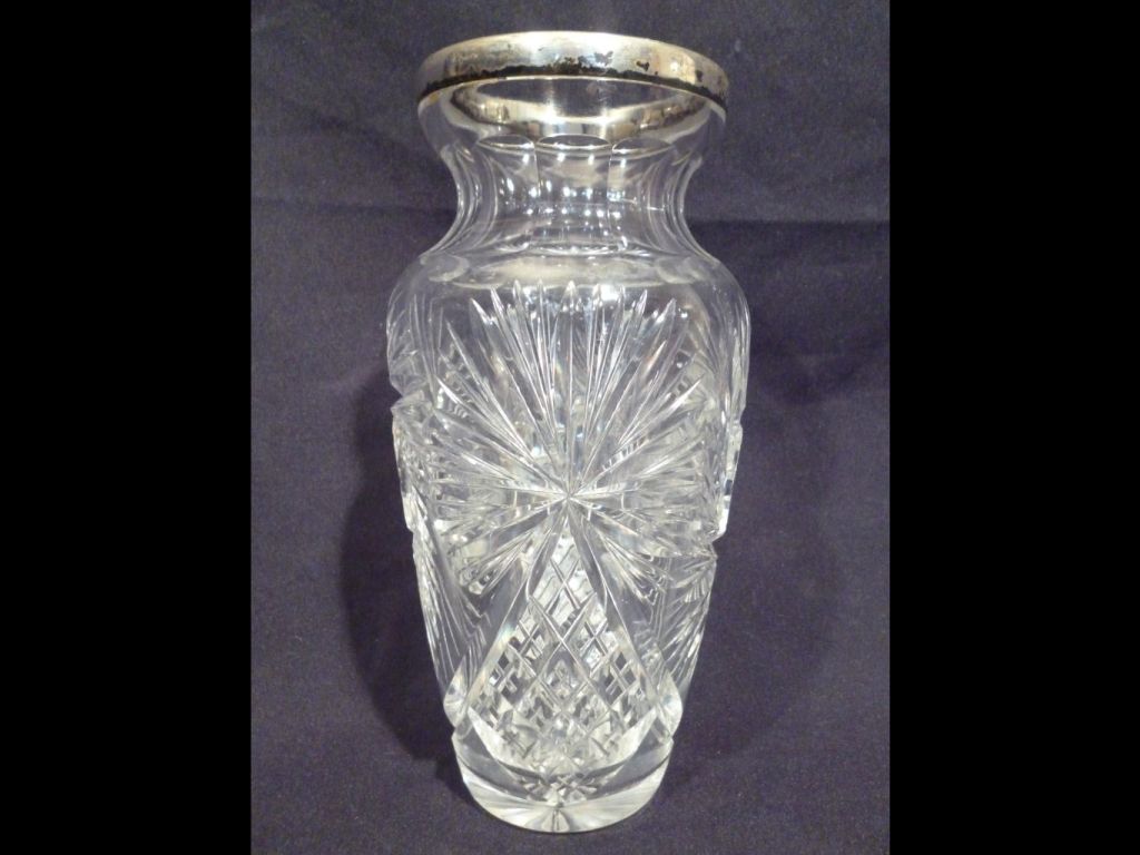 Antik ezüst peremes kristály váza