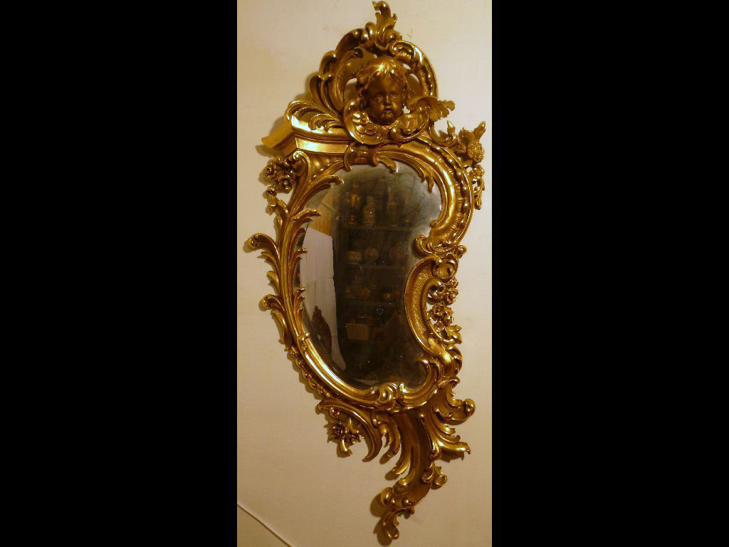 Antik barokk faragott fa angyalos tükör